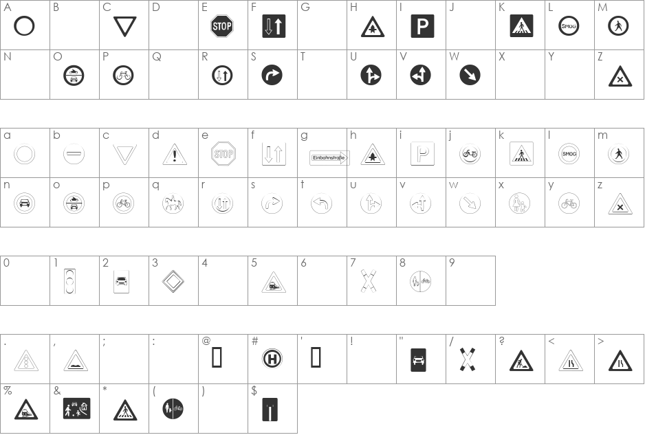 Traffic font character map preview