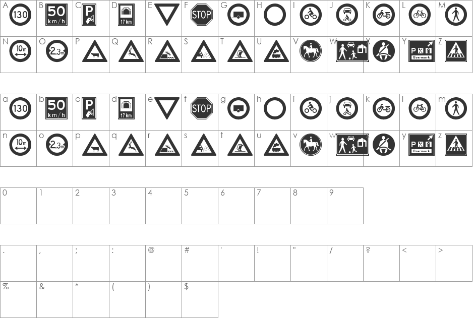 traffic signs tfb font character map preview