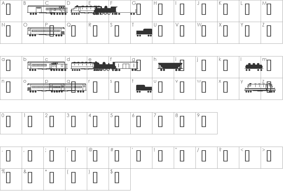 Trains font character map preview