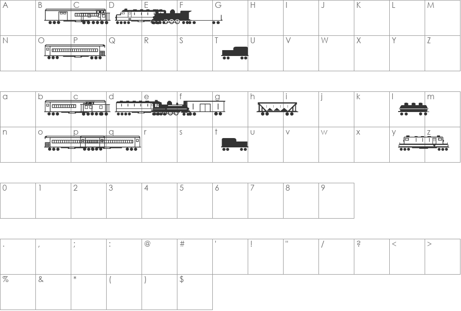 Trains font character map preview