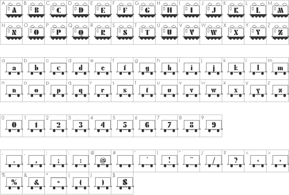 TrainWhite Becker font character map preview