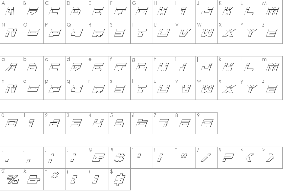 Trajia Laser Italic 3D font character map preview