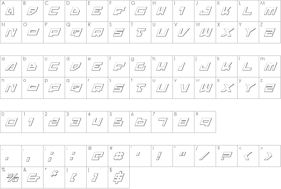 Trajia Shadow Italic font character map preview