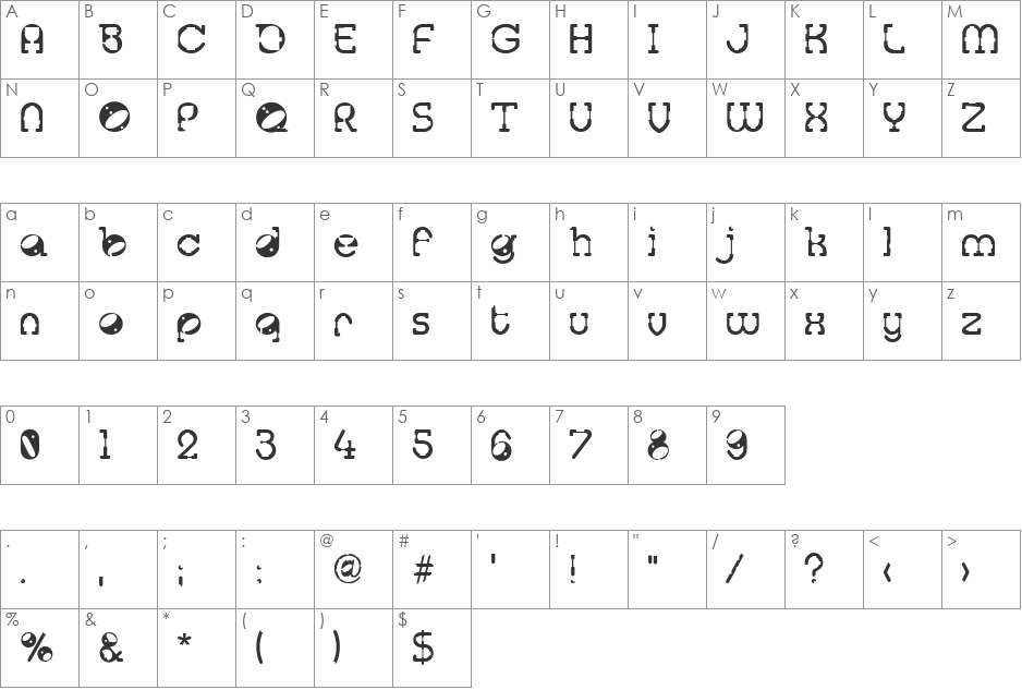 Tralfamadore font character map preview