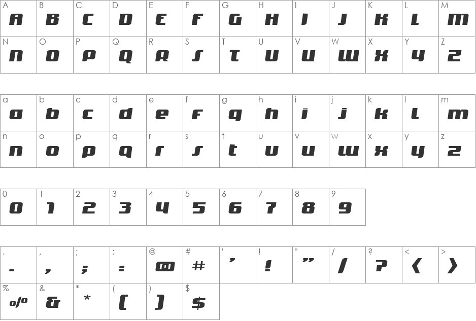TransItalic font character map preview