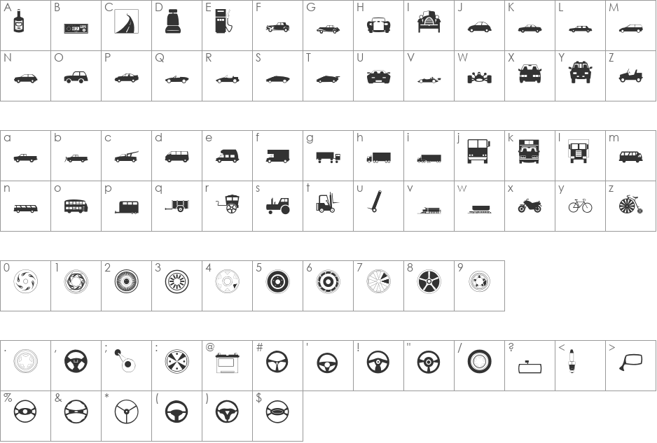 Transportation font character map preview