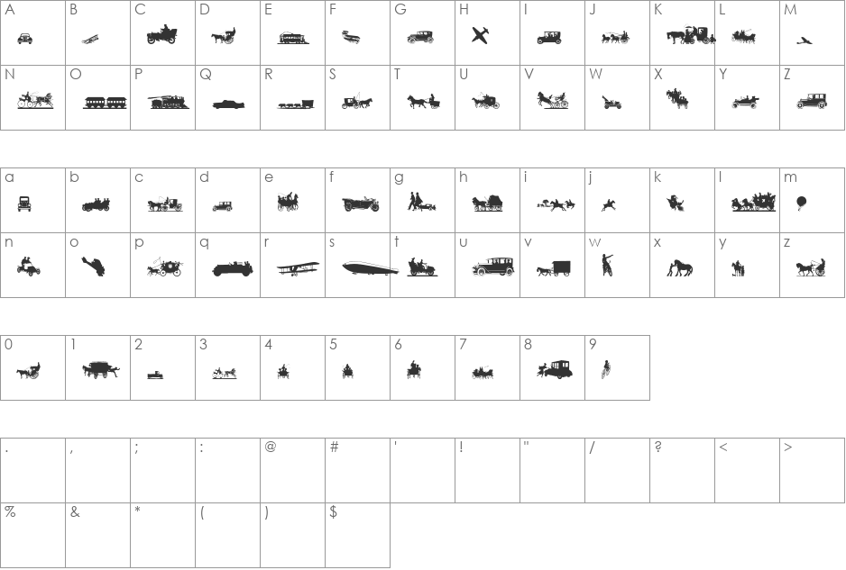 Transportation Dings font character map preview