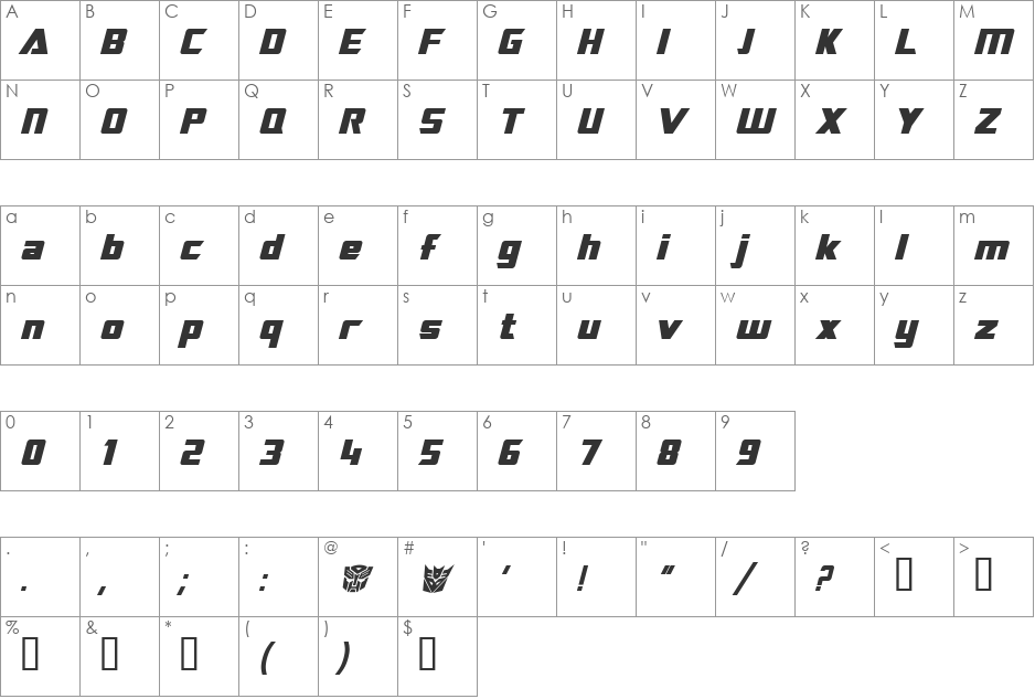 TransRobotics font character map preview