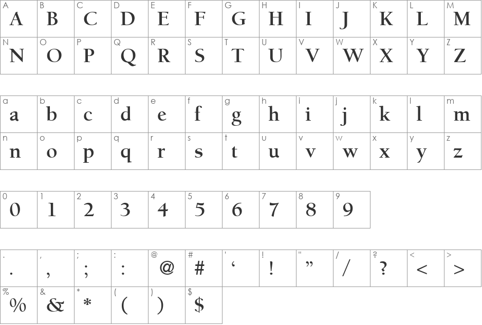 BergmannOldStyle font character map preview