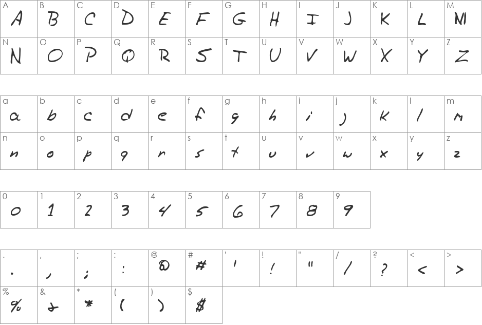 TrasksHand font character map preview