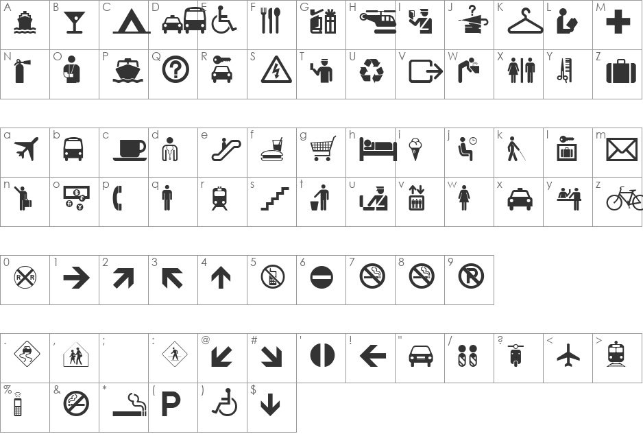 Travelcons font character map preview