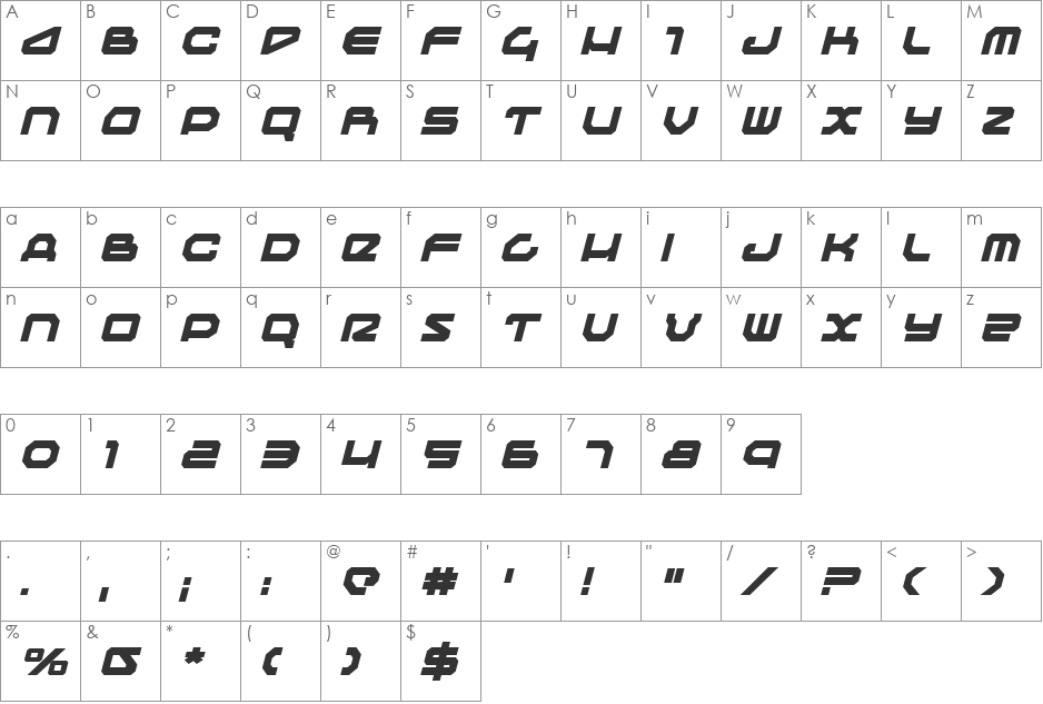 Traveler Bold Italic font character map preview