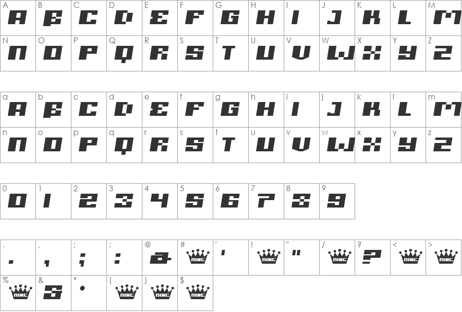 Treason font character map preview
