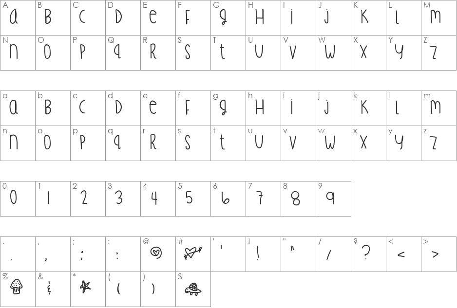 TreasureFingers font character map preview