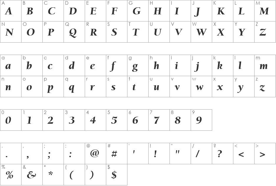 Berkeley-BookItalic font character map preview