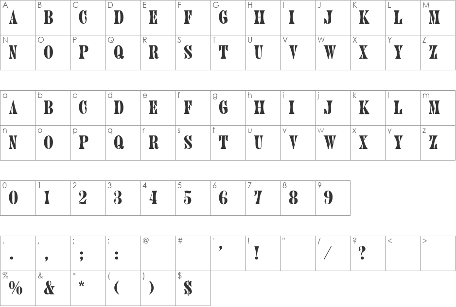 Treemain font character map preview
