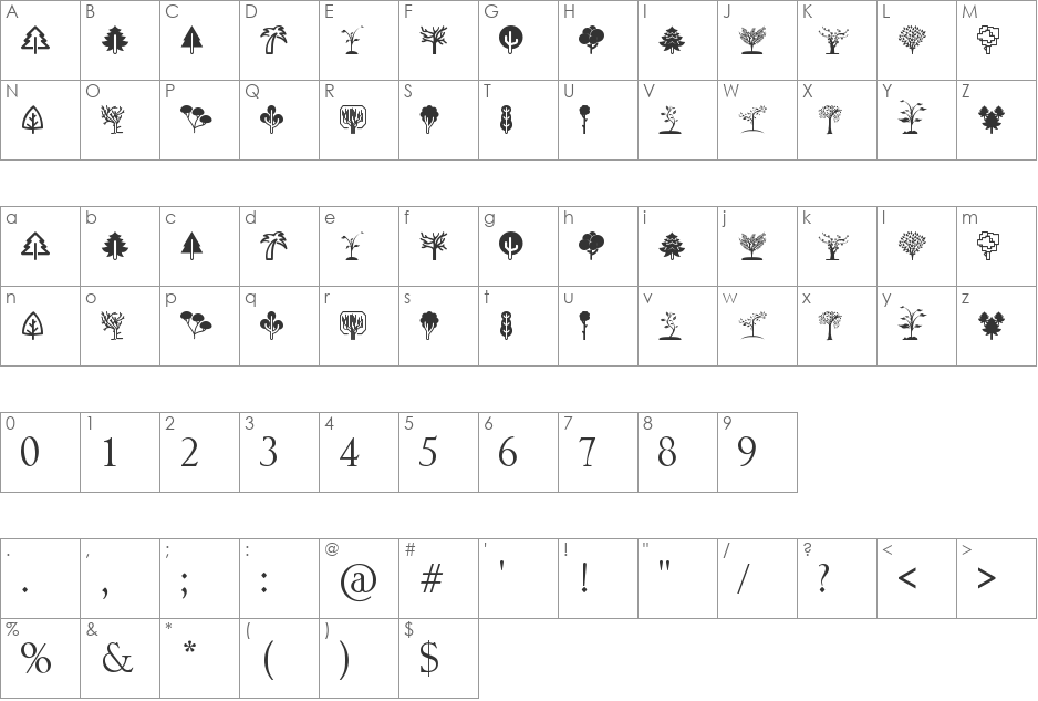 Trees Go font character map preview