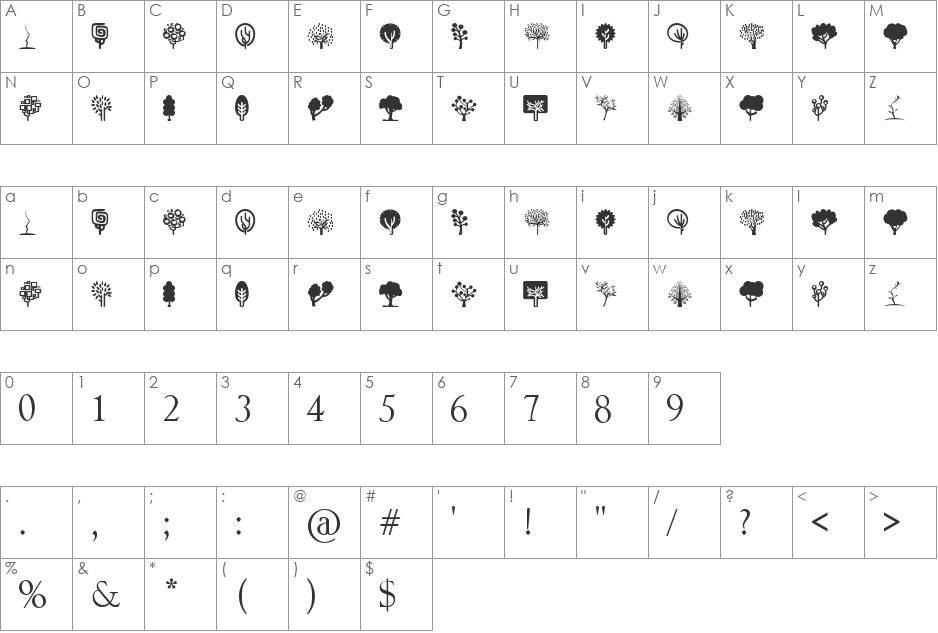 Trees Go 2 font character map preview