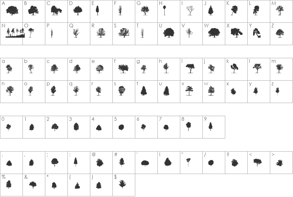 trees TFB font character map preview