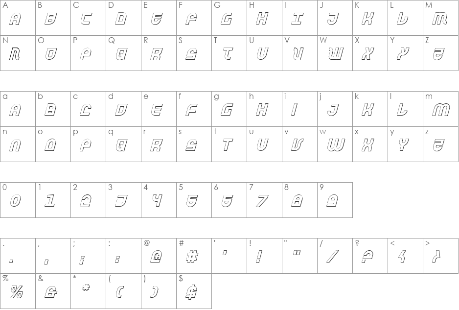 Trek Trooper 3D Italic font character map preview