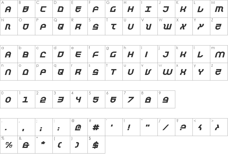 Trek Trooper Expanded Italic font character map preview