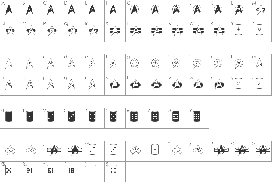 TrekArrowheads font character map preview