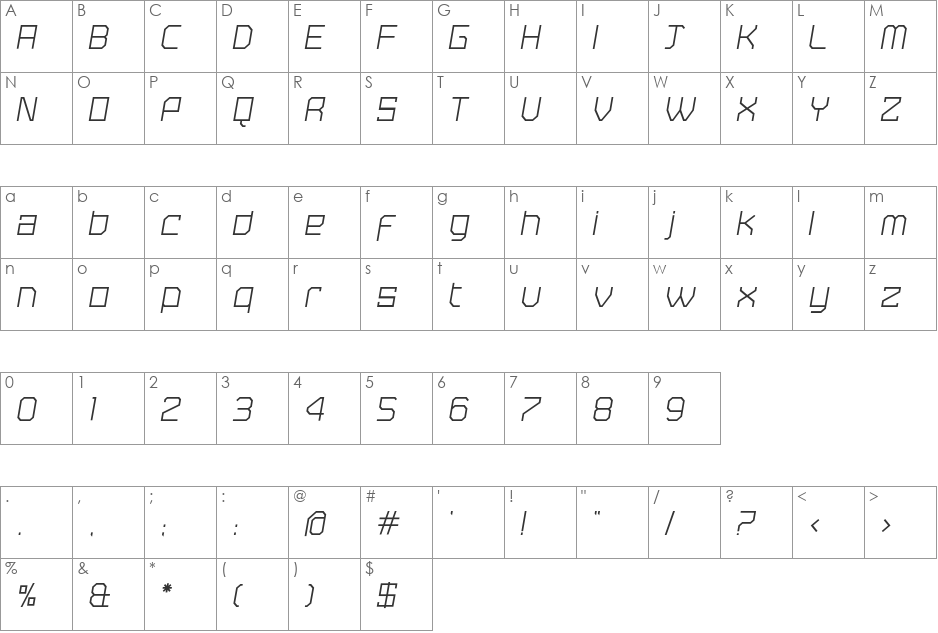 Tremble Light font character map preview