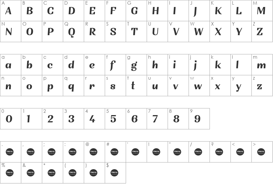 TRIALSintesi font character map preview
