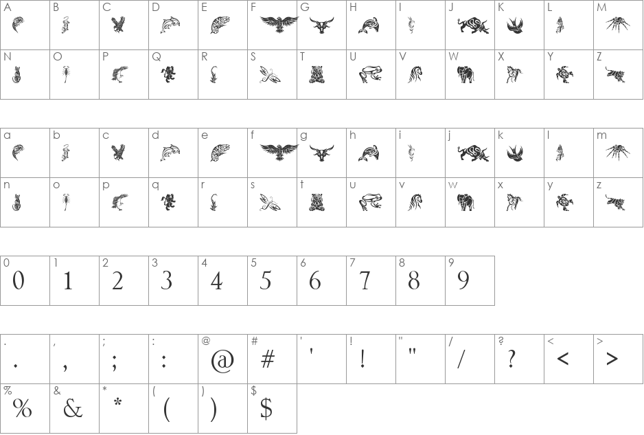 Tribal Animals Tattoo Designs font character map preview