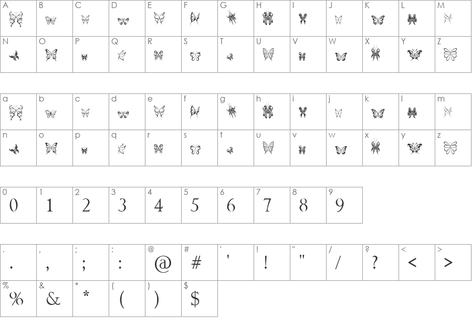 Tribal Butterflies font character map preview