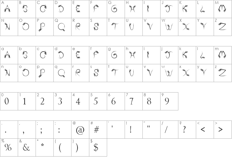 Tribal Dragon font character map preview