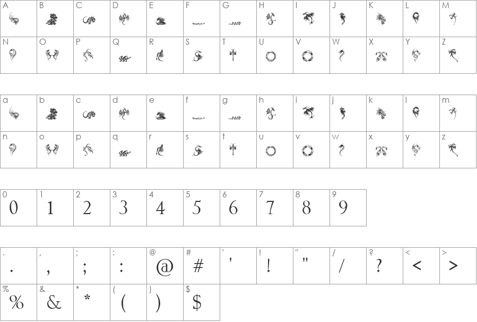 Tribal Dragons Tattoo Designs font character map preview
