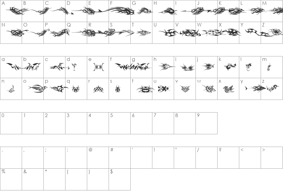 tribalz by marioz font character map preview