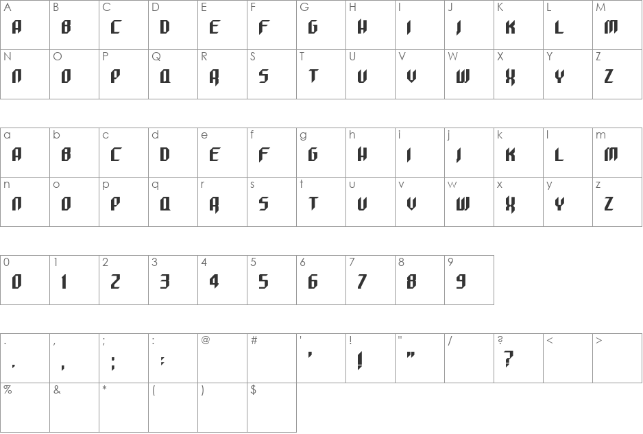 Trickax font character map preview