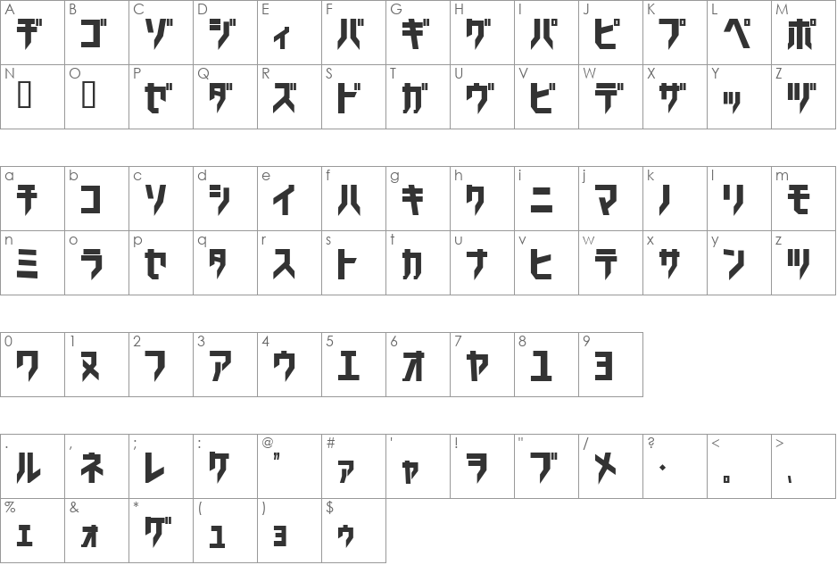 Trick_kata font character map preview