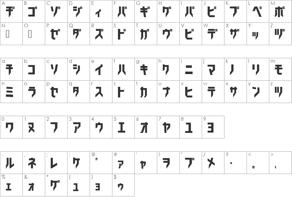Trick_kata font character map preview