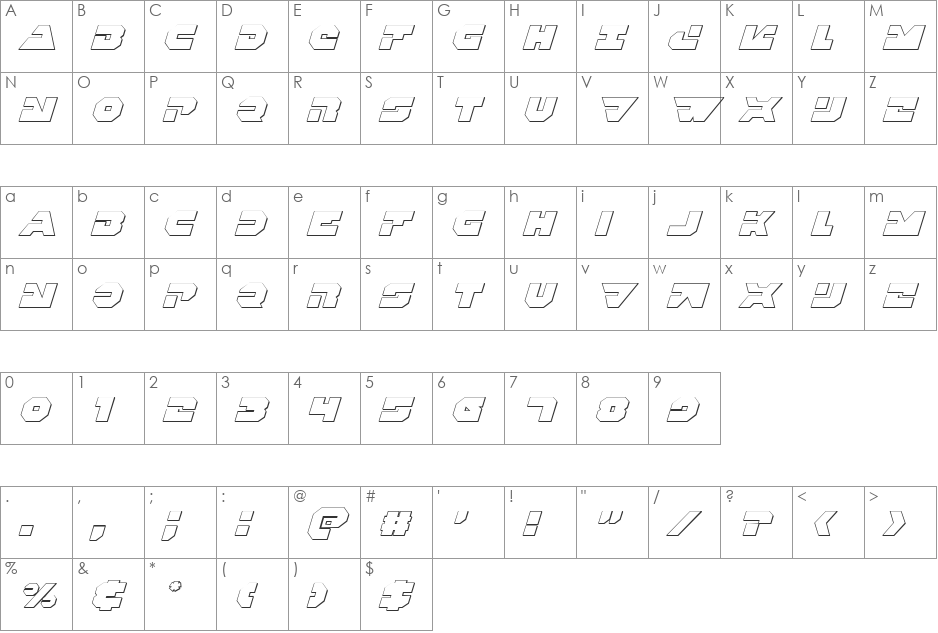 Trigger Man 3D Italic font character map preview