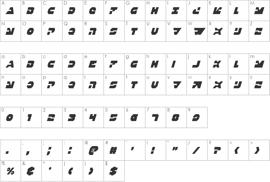 Trigger Man Condensed Italic font character map preview