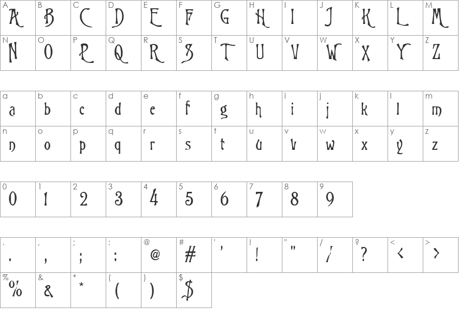 Trinigan FG font character map preview