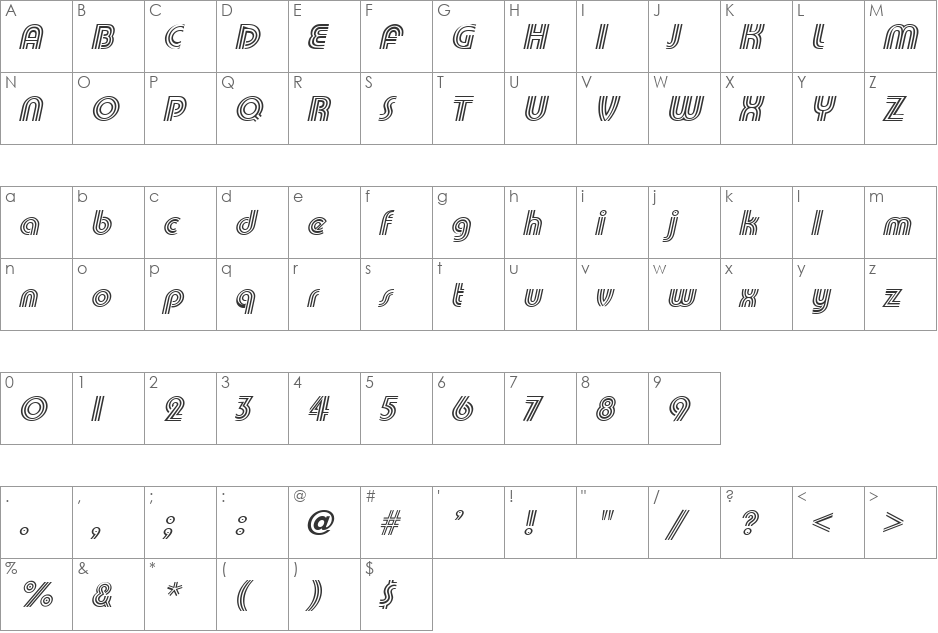 Triplee Slanted font character map preview