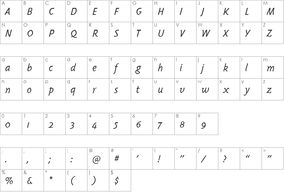 TriplexItalicLight font character map preview