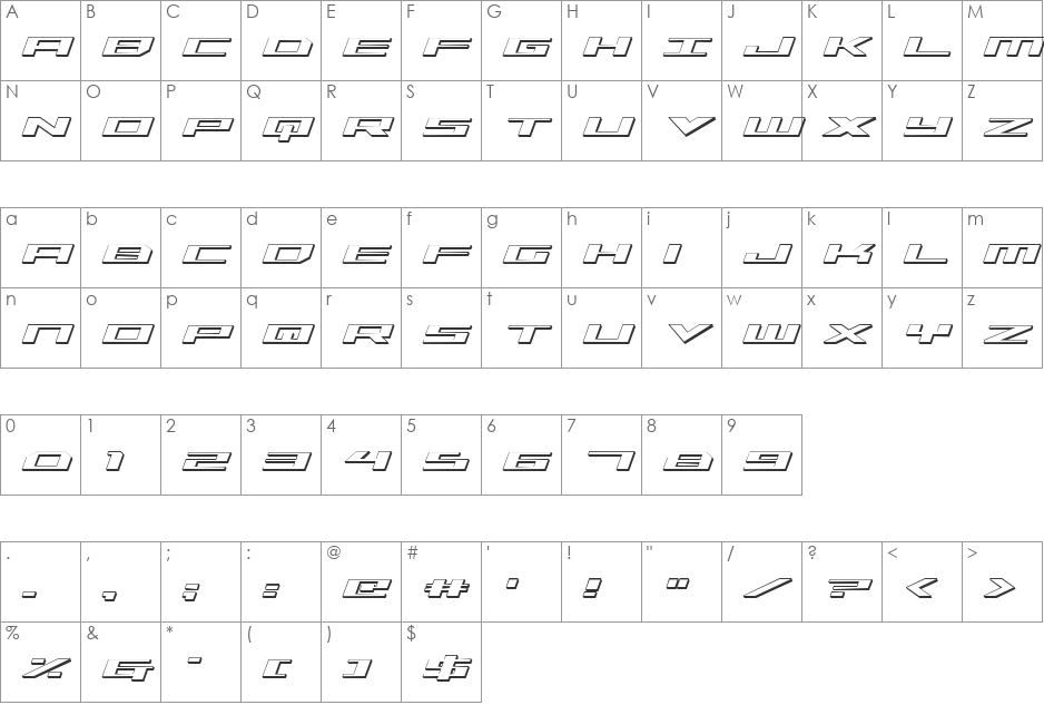 Trireme 3D Italic font character map preview