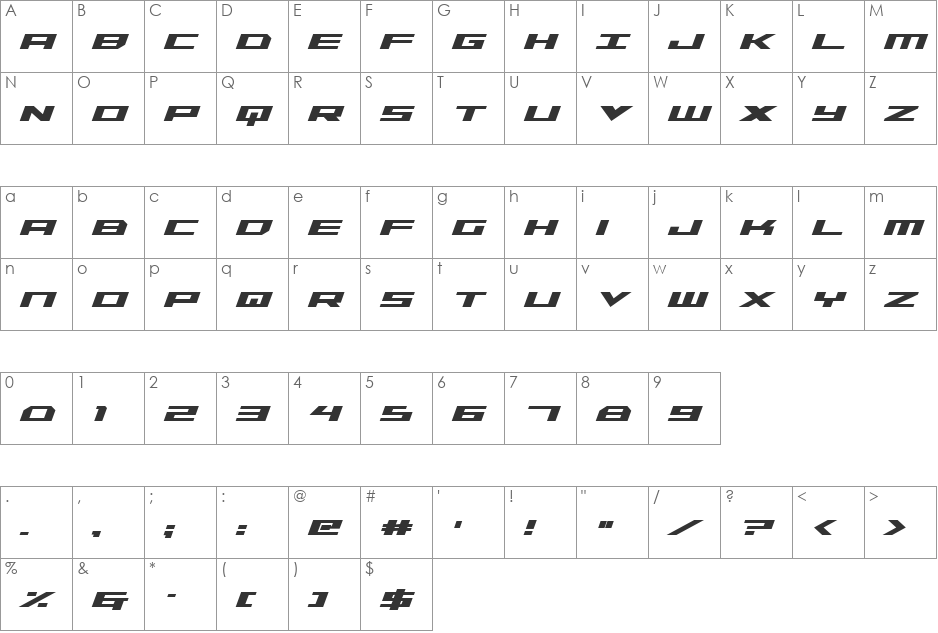 Trireme Condensed Bold Italic font character map preview