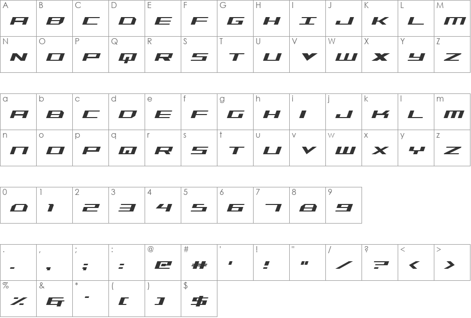 Trireme Condensed Italic font character map preview