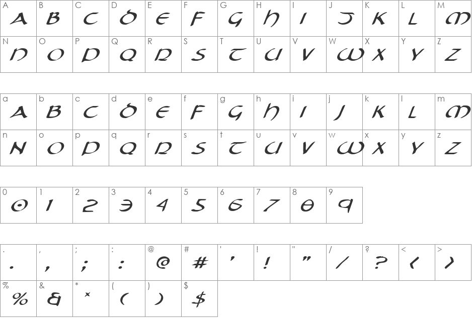 Tristram Expanded Italic font character map preview