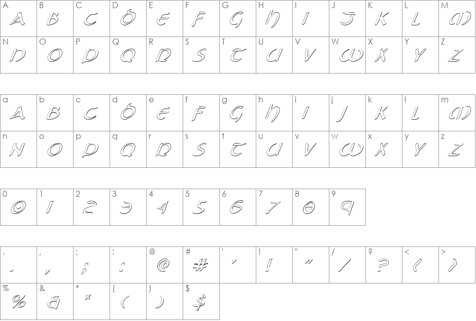 Tristram Shadow Italic font character map preview
