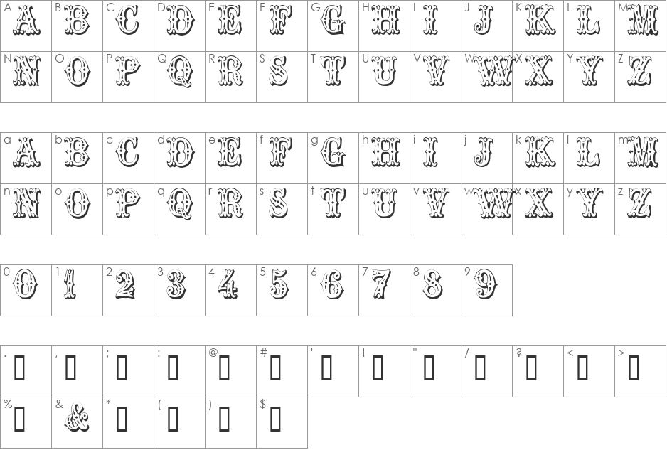 Trocadero font character map preview
