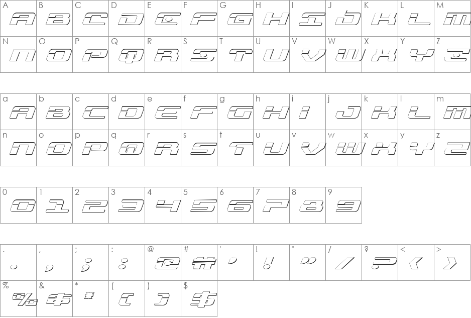 Troopers 3D Expanded Italic font character map preview