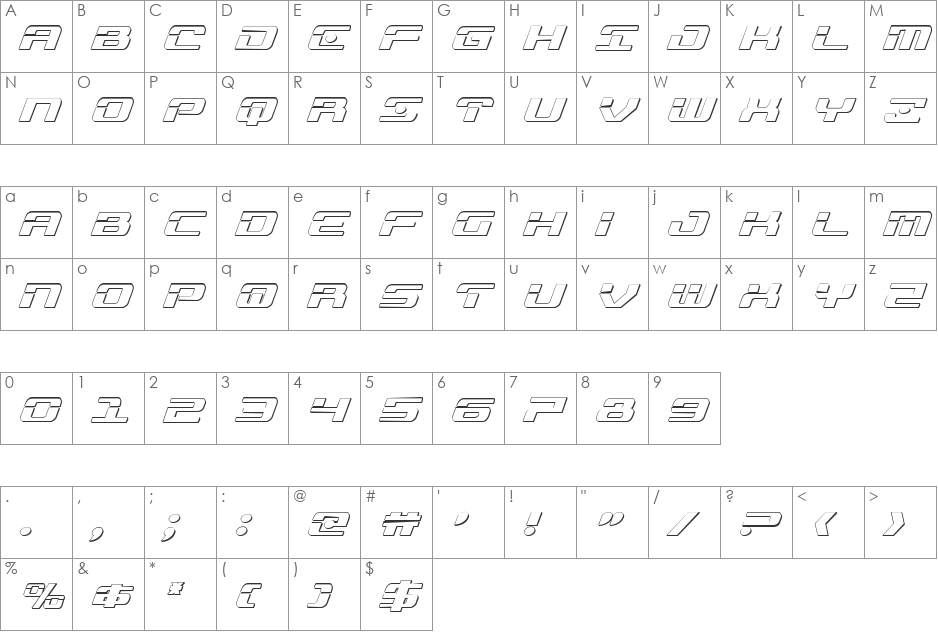 Troopers 3D Italic font character map preview