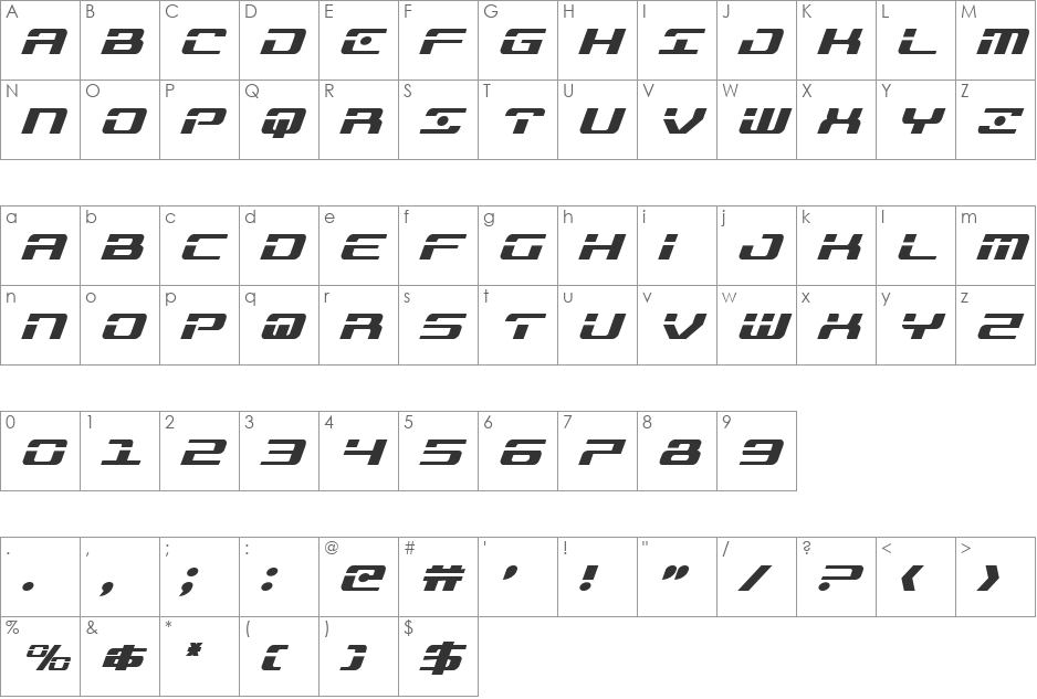 Troopers Italic font character map preview